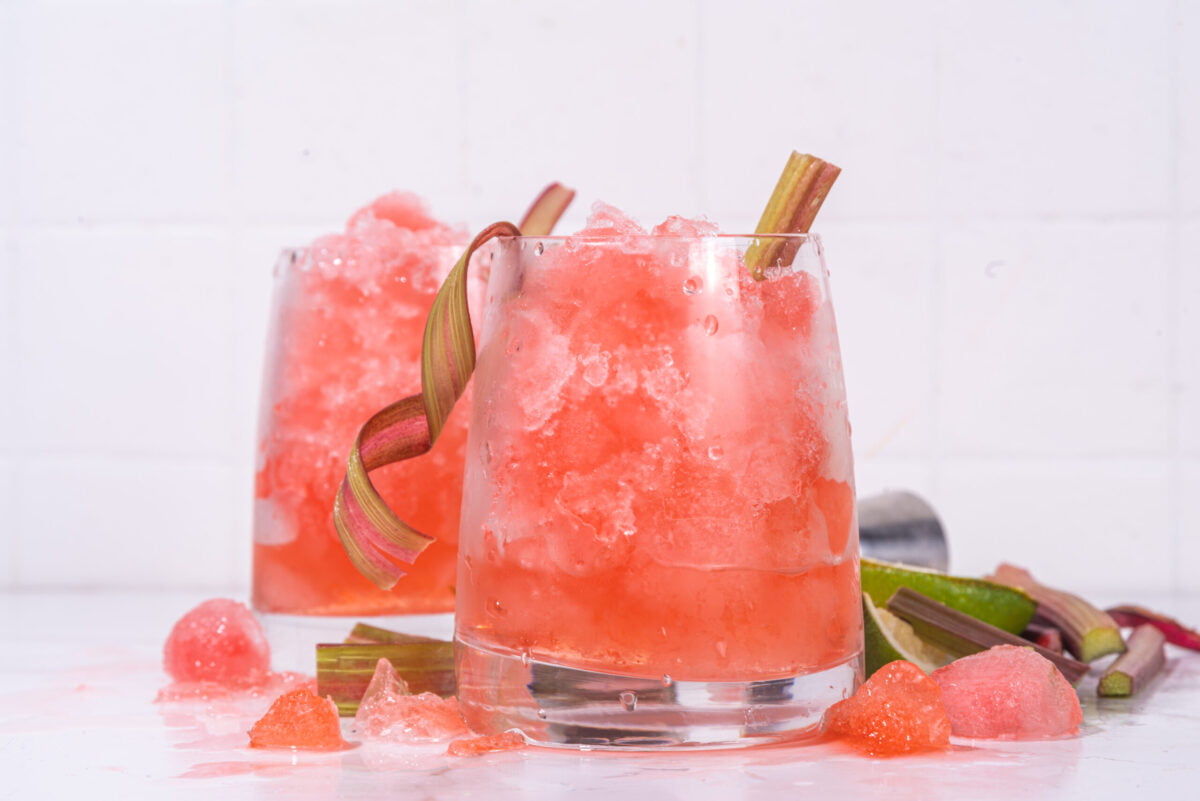 glass of rhubarb slush with second glass in background