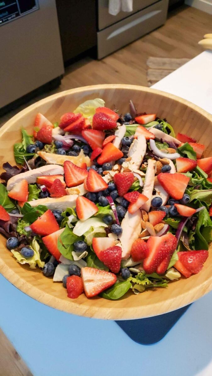 Strawberry Salad in Wooden Bowl