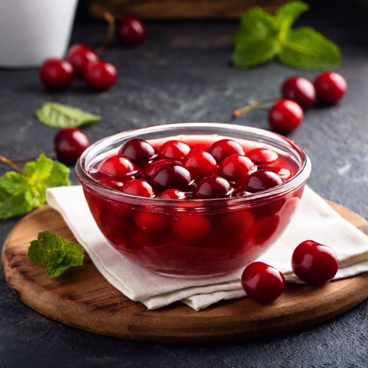 bowl of cherry pie filling on dark cutting board