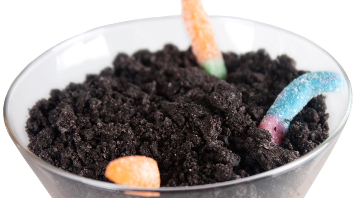 close up on the top of a dirt pudding cup with gummy worms in it