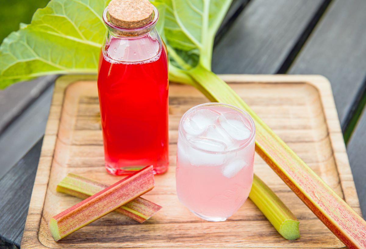 Bottle of rhubarb simple syrup on cutting board with rhubarb and glass of rhubarb beverage