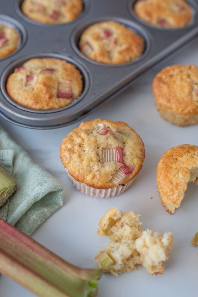 rhubarb muffin on white background