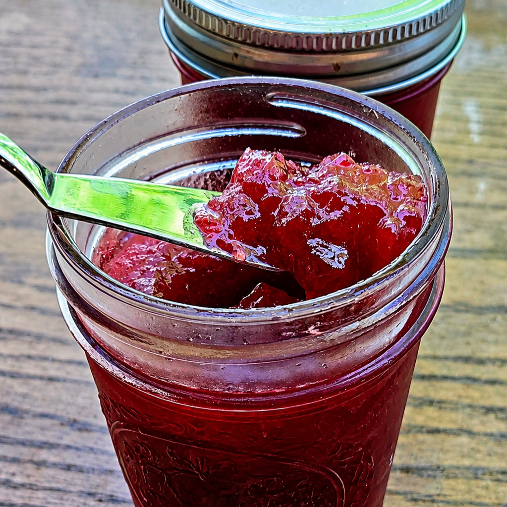 rhubarb jello jam in mason jar